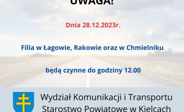28 grudnia filie w Łagowie, Rakowie oraz Chmielniku czynne do 12.00